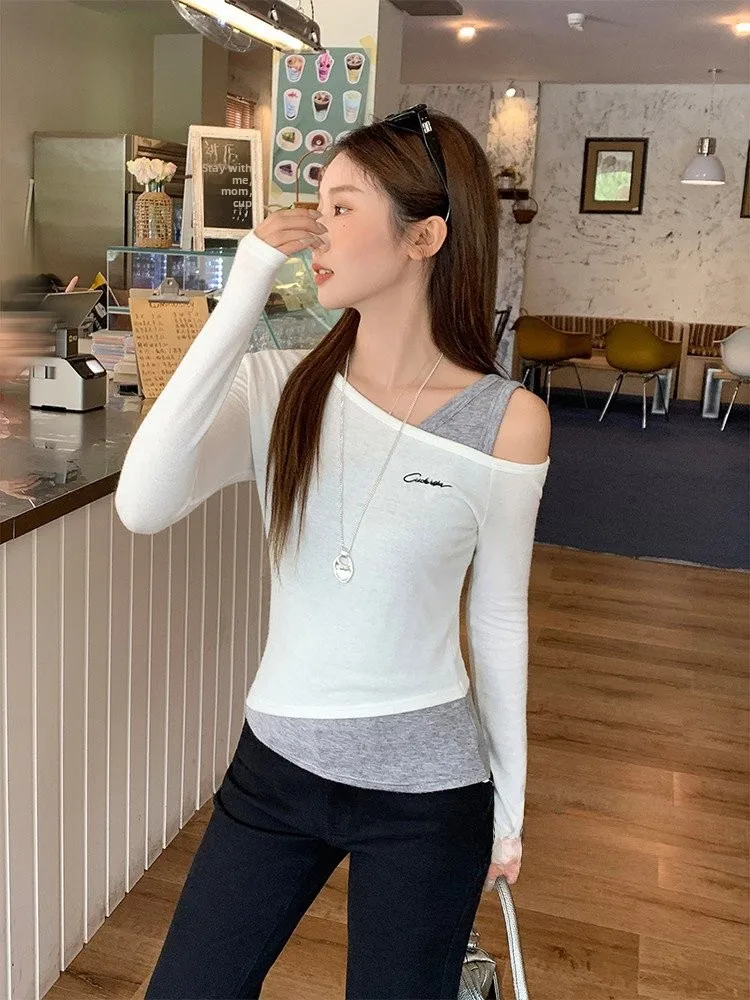 한국 스타일 자수 니트 탑 어깨 노출 롱 슬리브 여성 베이스 레이어 티셔츠 겨울 출퇴근용 부드럽고 편안한 핏