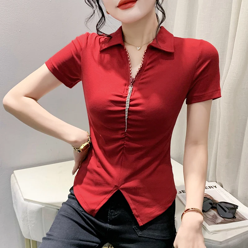 

Slim Fit Ne T-irt Women's ort Sve Zipper Design Summer Versatile Faionable Casual Cotton Blend Basic Top