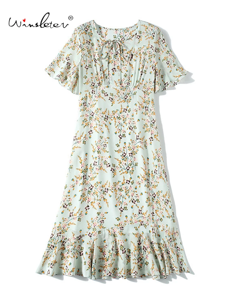 

Winsleter-Women 100%Real Silk Elegant Dress, O Neck Flare Sleeve Print, French Seaside Vacation Dresses, 2025 Summer D57811CC