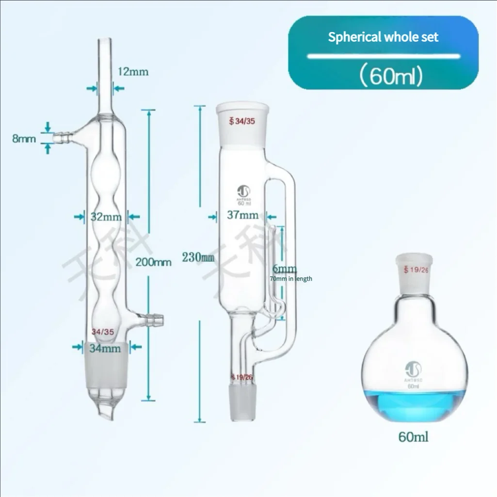 150/250/500ml Lab Glass Soxhlet Extractor Condenser And Extractor Body, Lab Glassware, Set Spherical Snake Shaped Fat Extractor