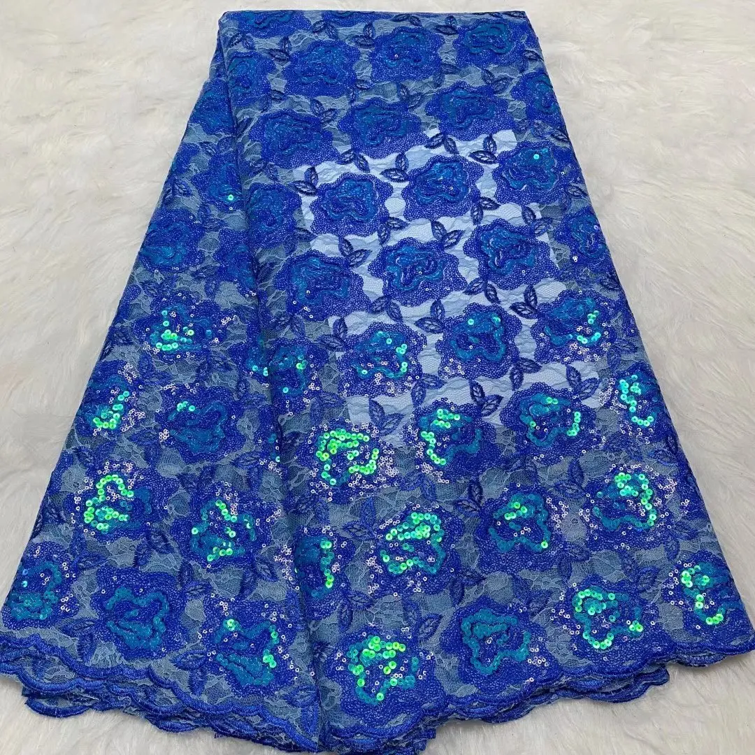 

Embroidered African Tulle Lace Fabric with Sequins for Ladies, Blue French Dress Material