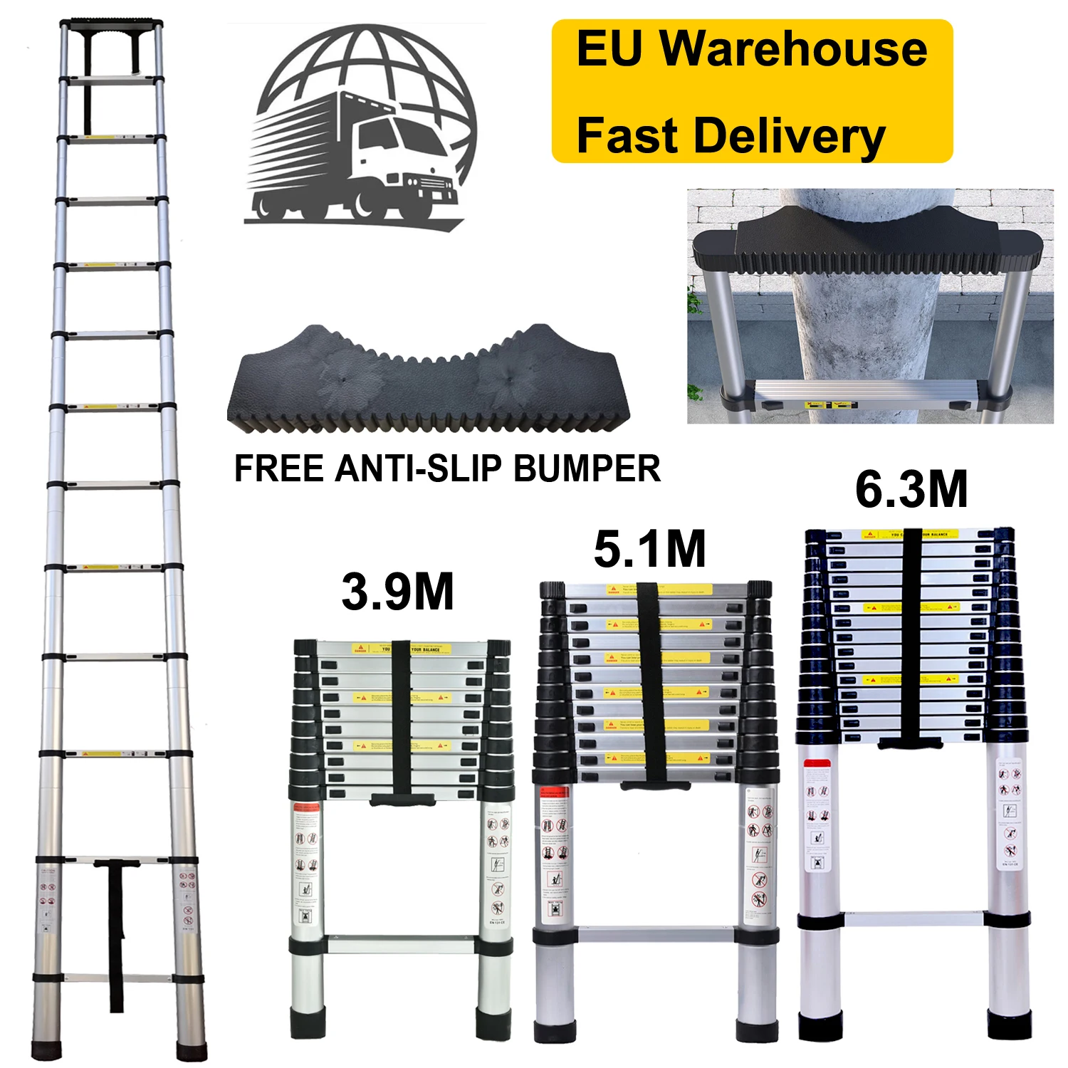 Telescopic Ladder Aluminium Folding Ladder Extension Portable Lightweight with EN131 Certified Max Loading 150kg 3.9m/5.1m/6.3m