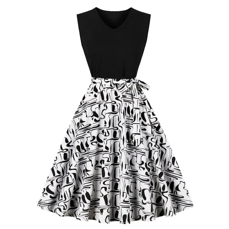 2026 Neues Vintage Damen Ärmelloses V-Ausschnitt A-Linien Midikleid Retro Gespleißtes Schwarzes Oberteil mit Print Elegantes Swing-Partykleid für den Sommer