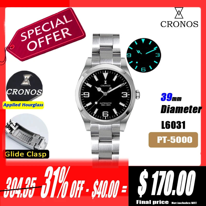 Cronos EX Diver Mechanical Men Watch 39mm Automatic PT5000 Sapphire Glass Bushed Bracelet Glide Clasp 10ATM L6031