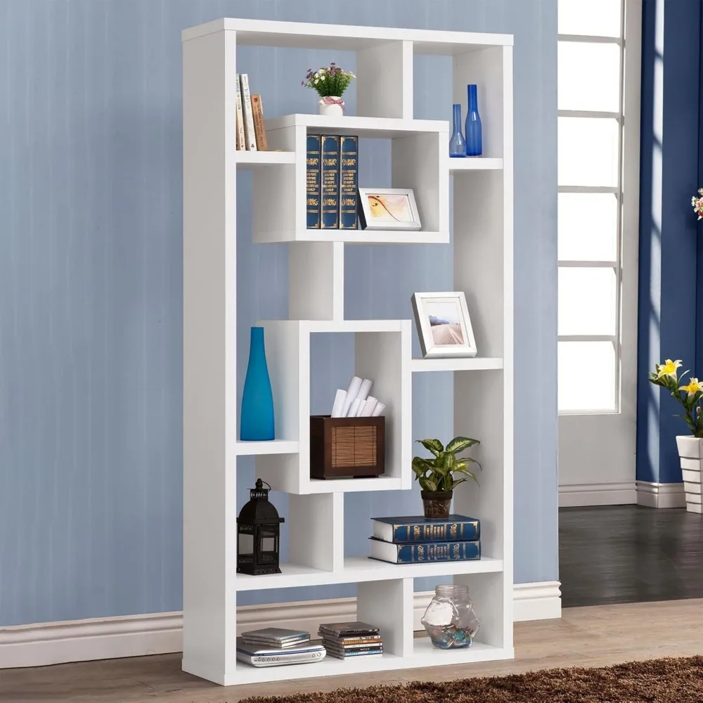 

White 10-Shelf Open Back Bookcase, Geometric Cube Bookcase, Floor Standing Book Shelf for Bedroom/Living Room/Home Office/Corner