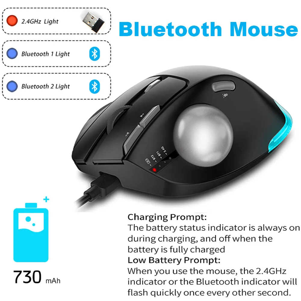 Lefon-Mouse Trackball Ergonômico Bluetooth Sem Fio, Ratos Rollerball RGB Recarregáveis para PC, Computador, Laptop, Escritório, 2400DPI