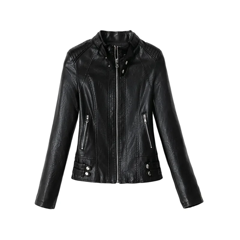 Fashion Spring and Autumn Loose Leather Coat Female Short Motorcycle Korean Version Slim Leather Jacket Round Neck Zipper Coat