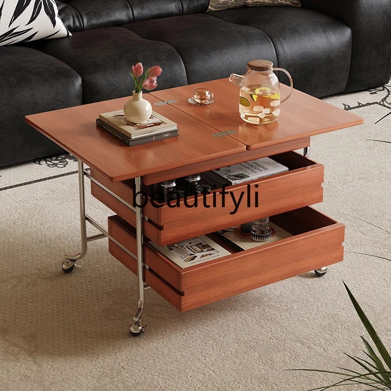 GG Solid Wood Movable Extendable Coffee Table Cart Boxwood Living Room Folding Small Trolley with Wheels