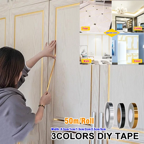 50 m/rollo de cinta autoadhesiva para azulejos, borde de suelo de plata y oro cepillado, pegatinas de pared de costura impermeables, decoración del hogar para techo y huecos de pared