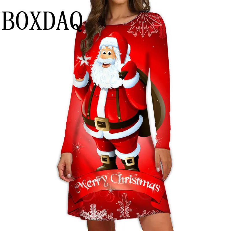 2024 Fashion Women Christmas Party Dresses For Winter Long Sleeve Cute Santa Claus Patter Dress Casual Street Loose A-Line Dress