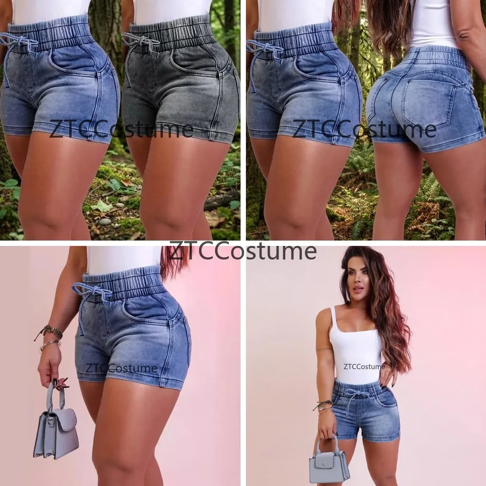 

Cosplay Women Denim Shorts High Waist Sexy Slim Fit Stretchy Pleated Summer Shorts with Drawstring Pockets