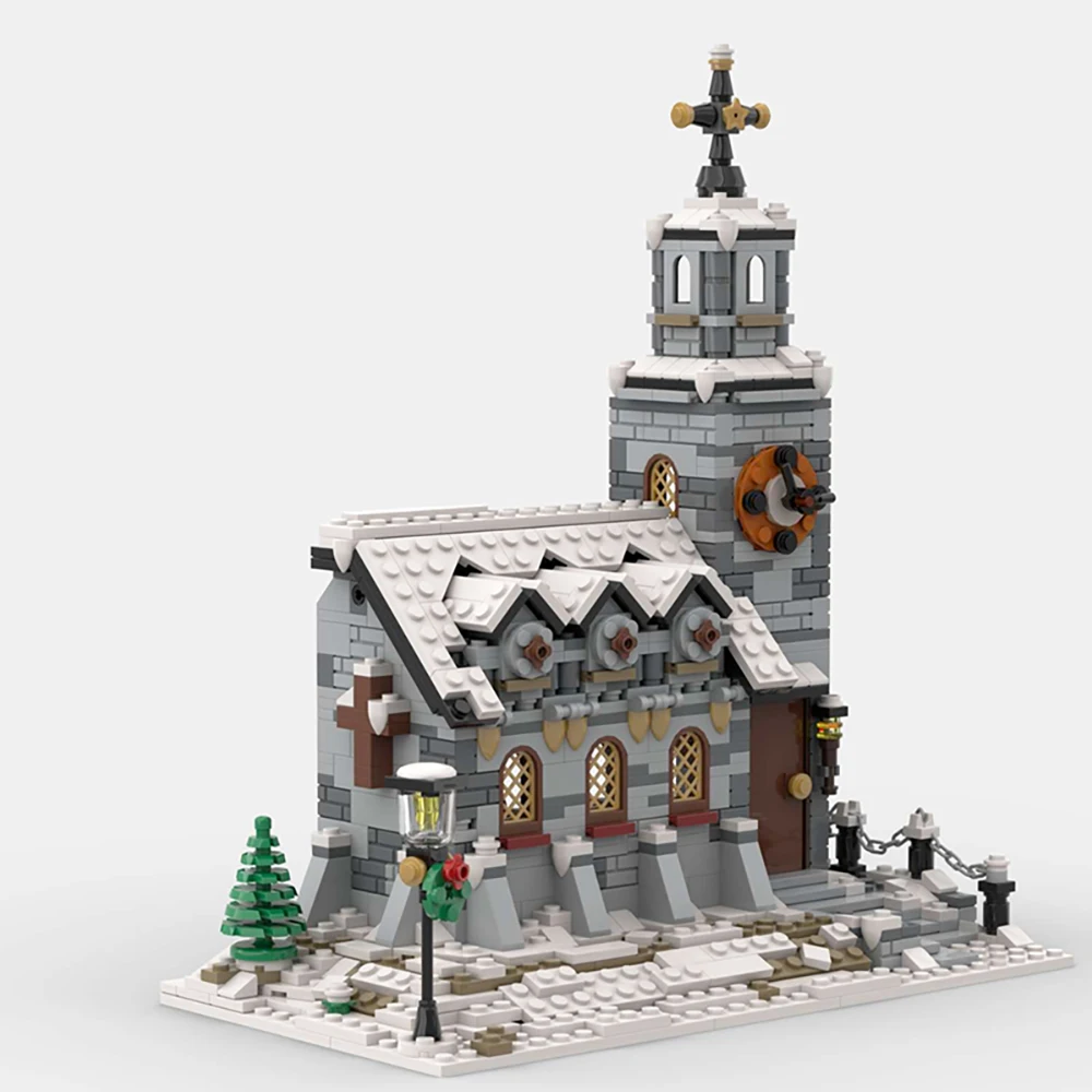 MOC Christmas Winter Village Cafeby Building Holiday Cottage Streets Church Construction Building Blocks Model Kids Friend Toys