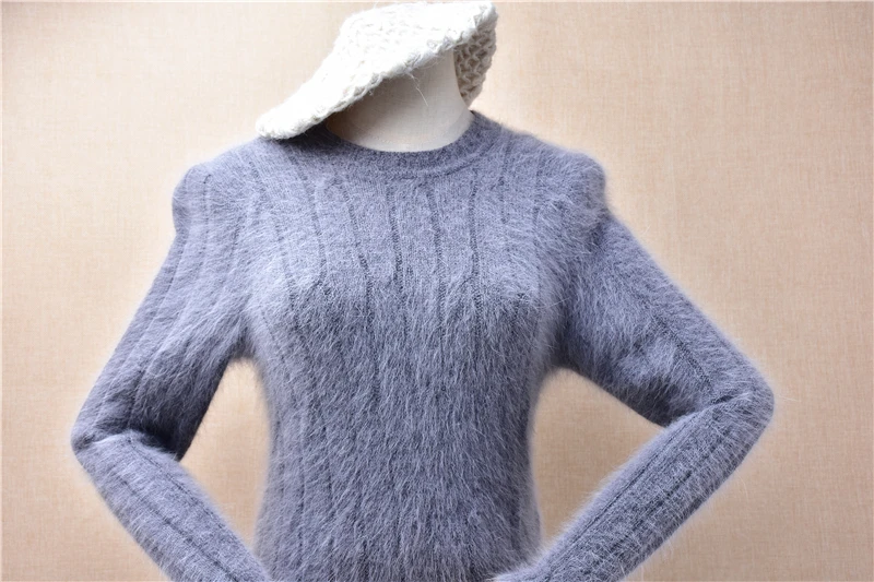 Ladies Women Autumn Winter Clothing Grey Striped Hairy Angora Rabbit Hair Knitted O-Neck Long Sleeves Slim Blouses Sweater Dress