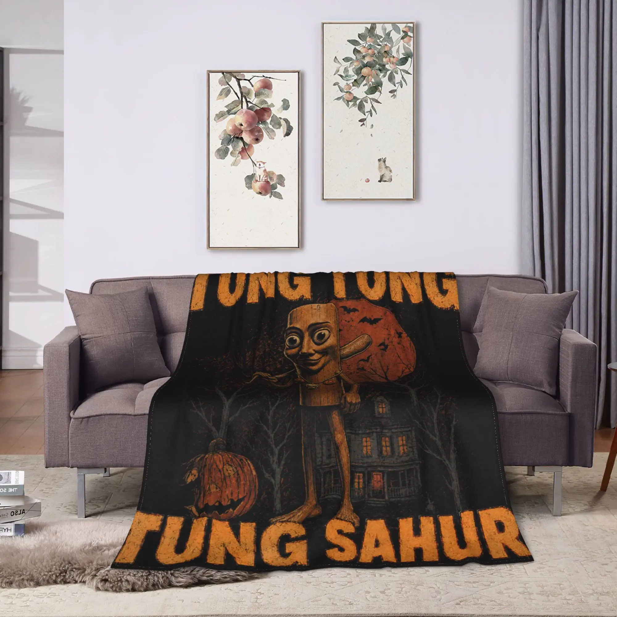 Vintage Halloween Tung Tung Sahur Pumpkin Scary Flannel Blanket Adults Girls Soft Throw Blanket Winter Couch Chair Bedspread