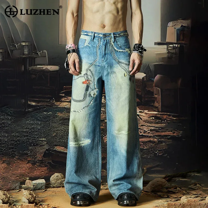 

LUZHEN 2025 New Personalized Metal Chain Pattern Printed Design Straight Denim Pants Men Street Wear Original Male Jeans JY2307