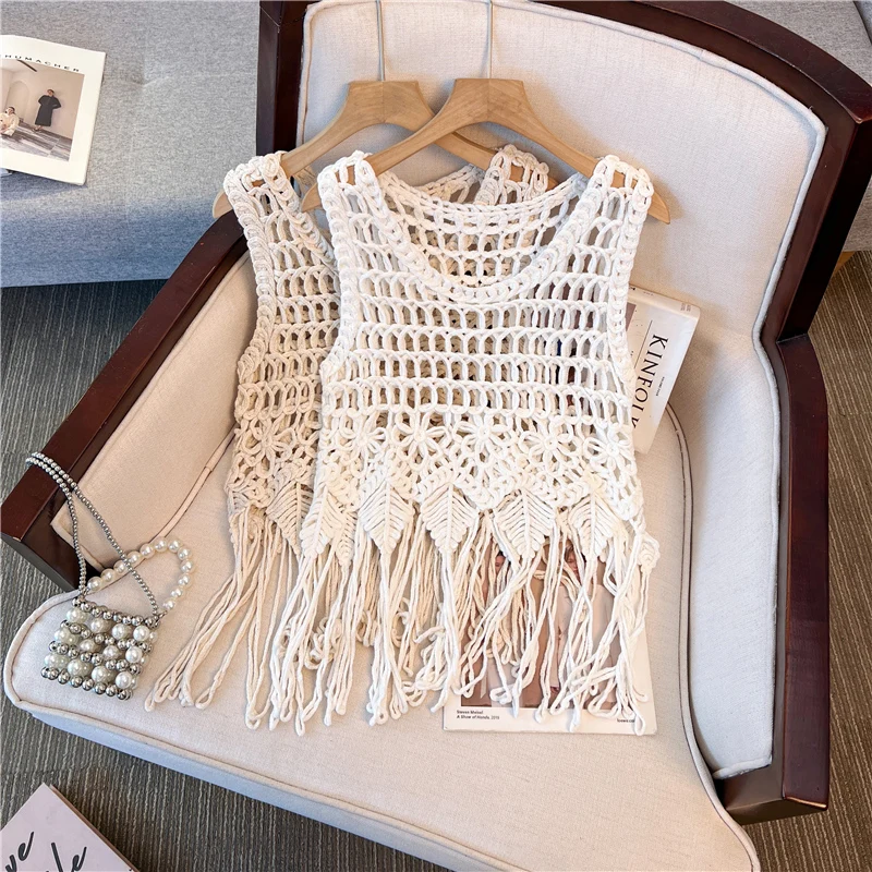 Summer Knitted Vest Tops Retro Sleeveless Tassel Shirt Fashion Women Hook Flower Hollow Out Pullovers Blouse