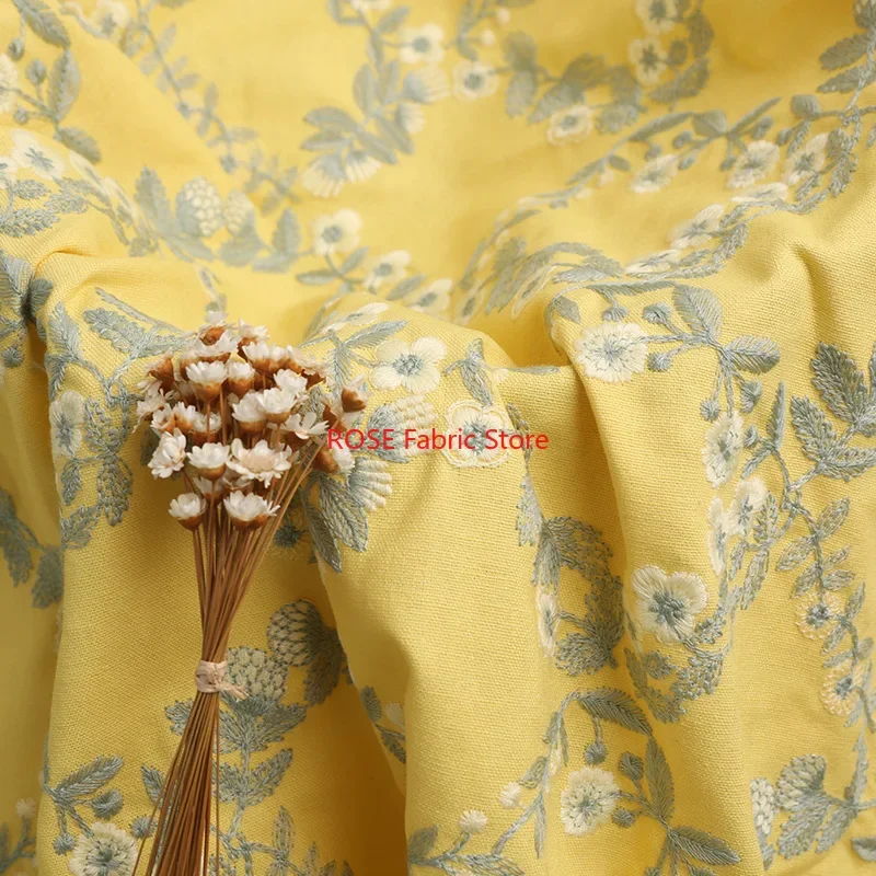 Yellow Floral Embroidery Cotton and Linen Fabric for Bags Sofas Dining Table Curtains Tablecloths DIY Handmade Fabric