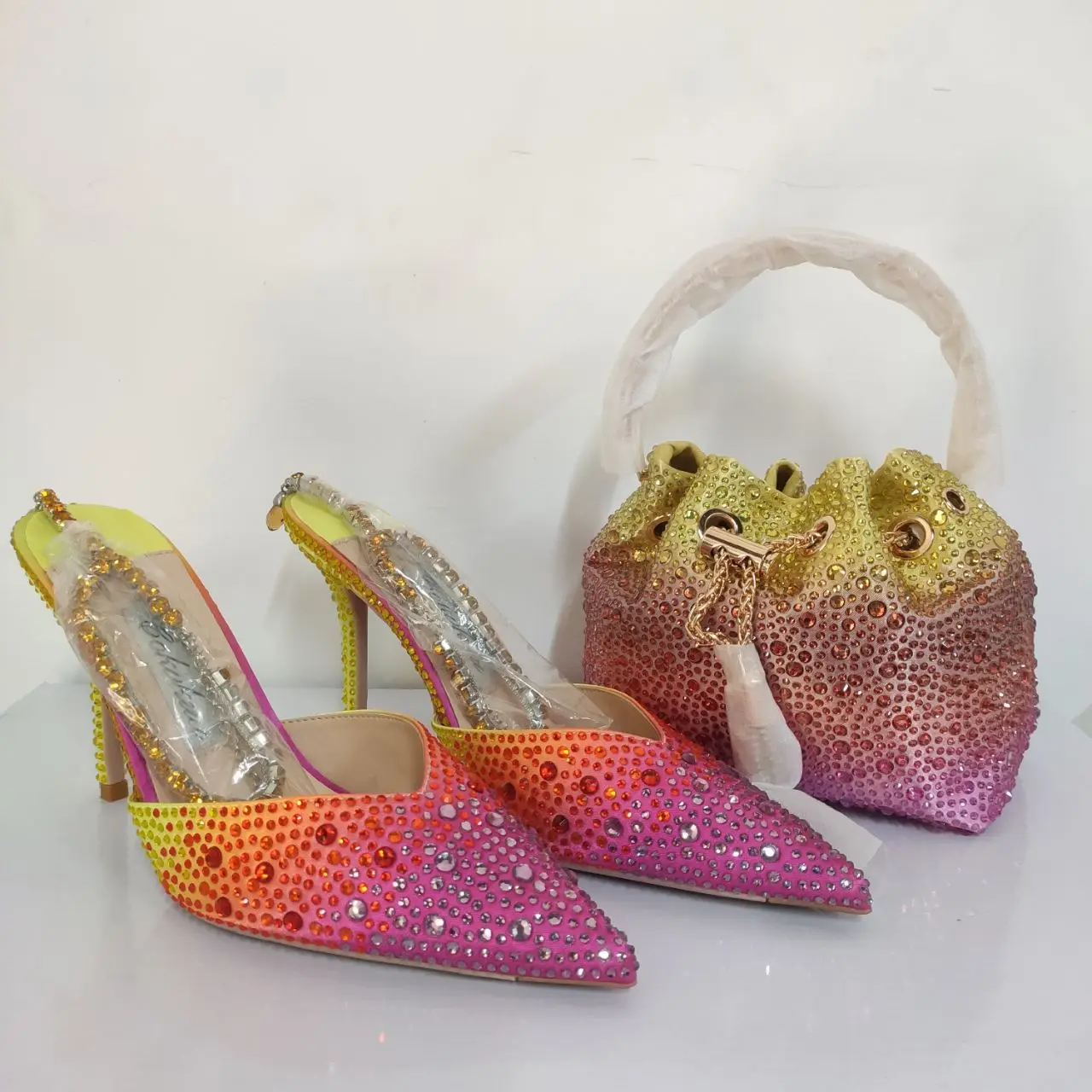 

Jinxixi Shoe and Bag Set for Party 10cm High Heels for Women Blue Silver Rhinestone Purse Pointed Toe Slingback Wedding Luxury