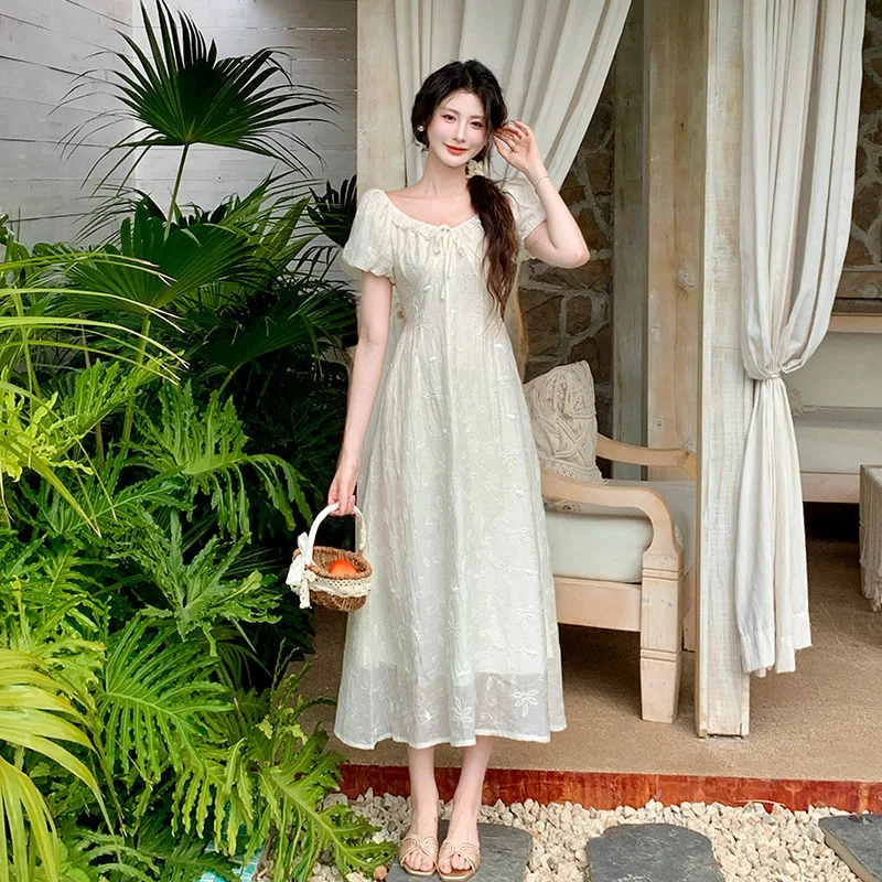 

French Style Lace Short Sleeve Dress Women Summer Elegant Fitted Waist Long Dress Dresses