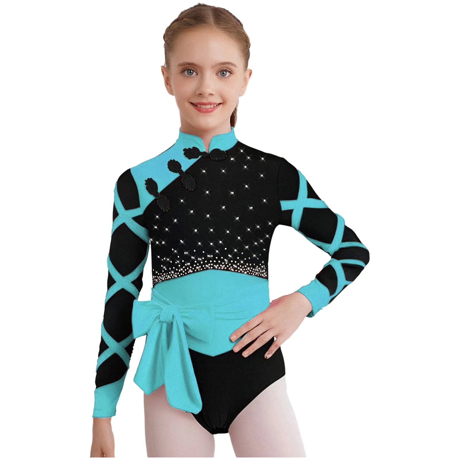 

Kids Girls Gymnastics Ballet Figure Skating Dance Outfit Knot Button Long Sleeve Rhinestones Shiny Leotard with Belt And Shorts