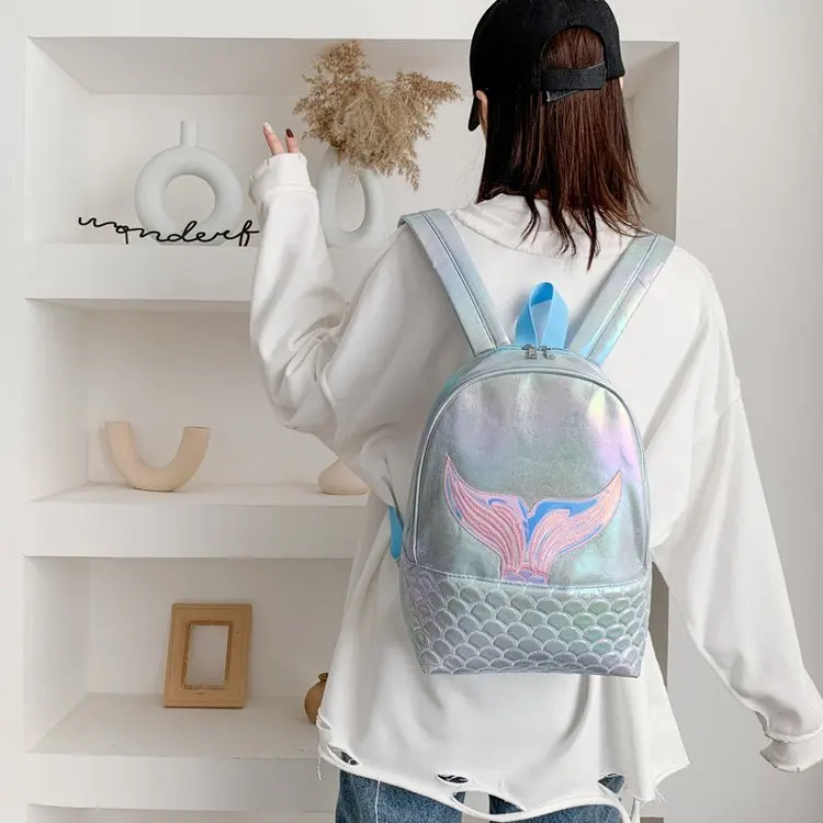 Mochila de sirena brillante para niños y niñas, mochila Kawaii de gran capacidad, bordado láser brillante, mochila láser de viaje para estudiantes