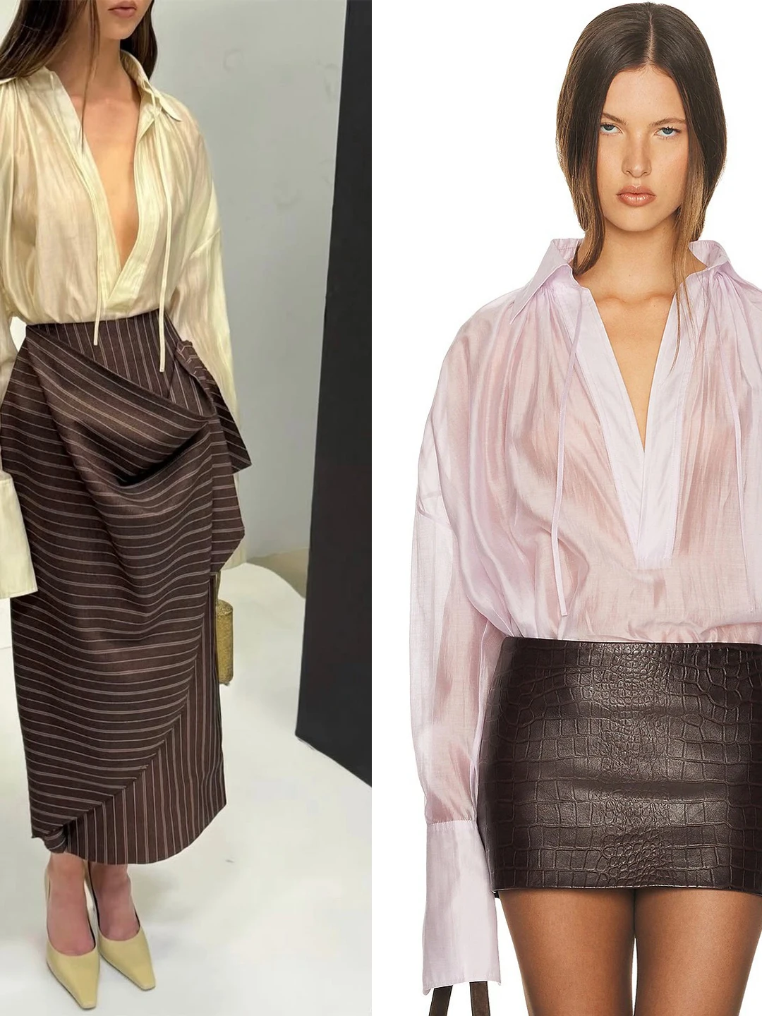 

New York Blogger Designed Spring Summer 2026 Drawstring Pleated Pearl Satin V-neck Loose Long Sleeve Women's Shirt Casual Style