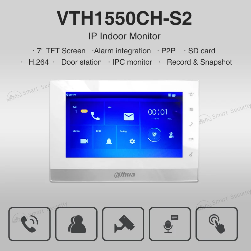 Dahua-Multilan Rede IP Camera Monitor, Indoor Video Intercom, VTO Doorbell Record e Sistema de Instantâneo, 7 "Tela, VTH1550CH-S2