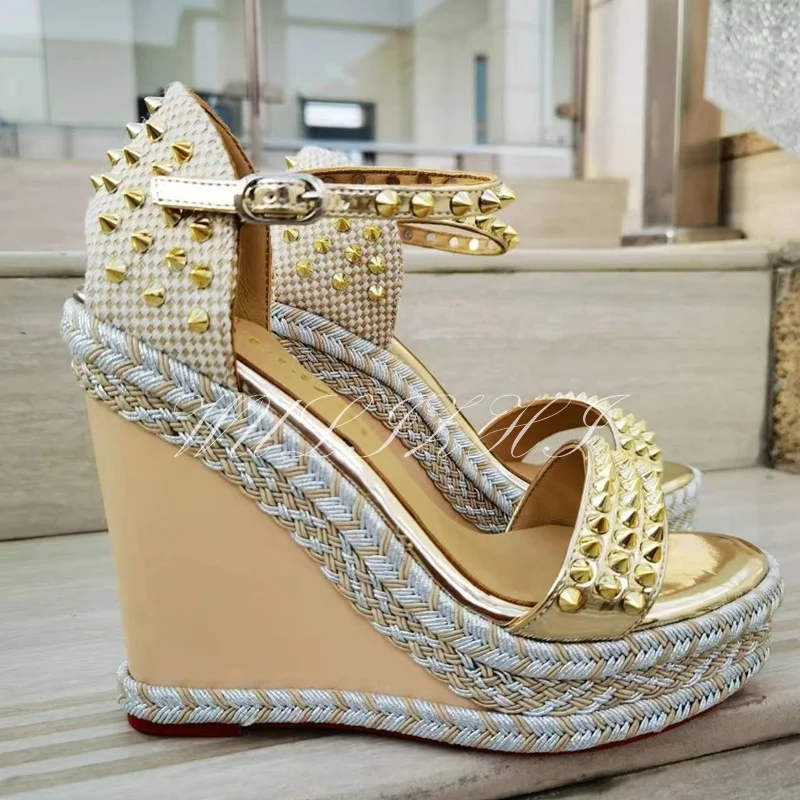 Women Bling Gold Stud Wedge Sandals Espadarille Metallic Hollow Buckle Design Shoes Open Office Bordered Luxury Gladiator Summer