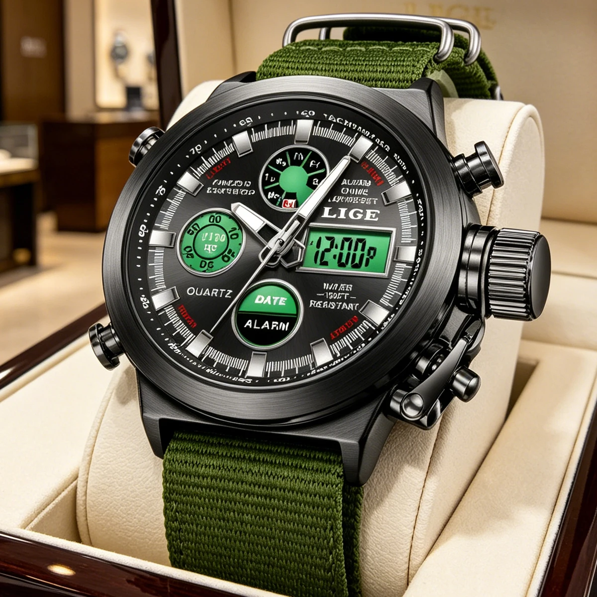 LIGE Men Big Brand Dual Time Designer Watches Fashion Nylon Band Alarm Stopwatch Multi-function Chronograph Watch Relogio Mascul