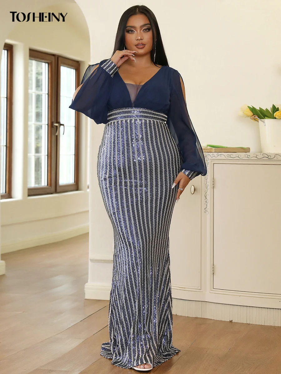 Toseiny Plus Size abito lungo donna estate a-line manica in Chiffon paillettes abito da sera blu abiti da cerimonia