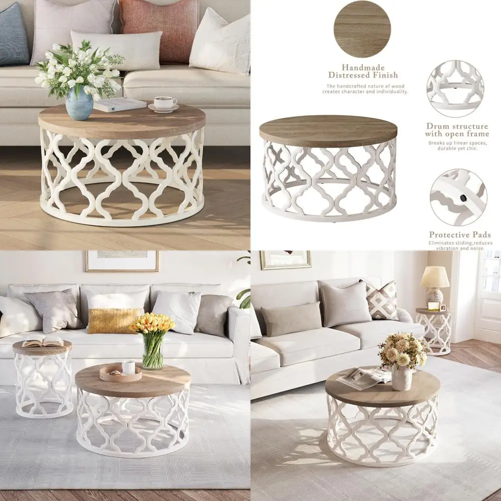 

French Country-Inspired Round Coffee Table with Distressed Wood and Coastal Charm, Perfect for Boho Interiors
