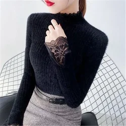 2024 Turtleneck Warm Lace Basic Tops Long Sleeve Top Ladies Sweater Pull Femme Winter Clothes Women Korean Fashion Slim Sweater