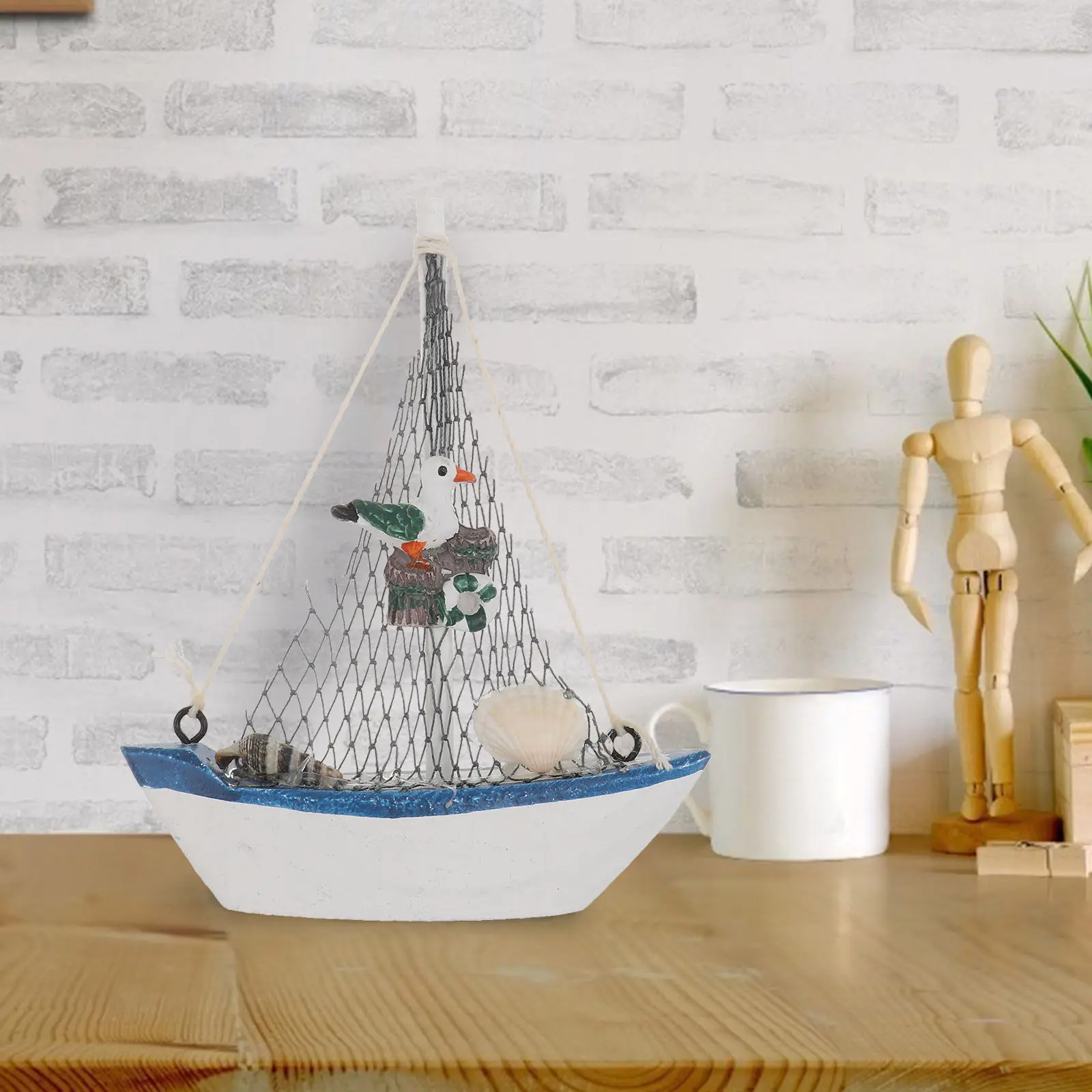 

4Pcs Mediterranean Wooden Sailing Boat Ornament Navy Blue White Office Desk Decor Rustic Coastal Theme Party