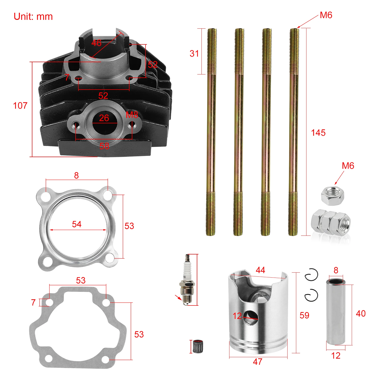 Cylinder Piston Rings Gasket Top End Kit for Yamaha PW 80 PW80 1983-2006 BW80 1986–1990 21W-11111-00-00