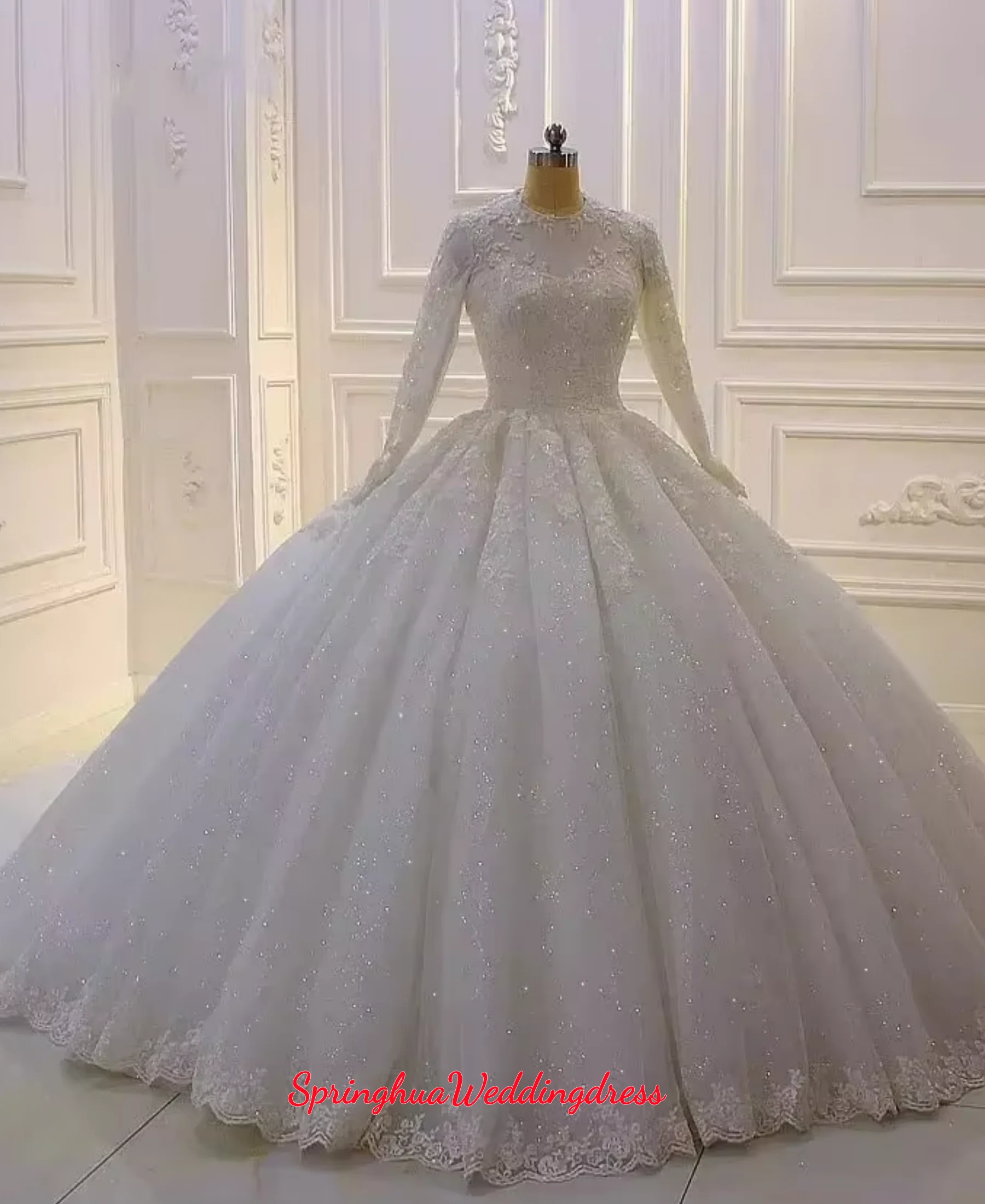 Customized Muslim Long Sleeves Ballgown Wedding Dress Sweep Train Lace Appliques Puffy Bridal Gowns Vestidos De Novia