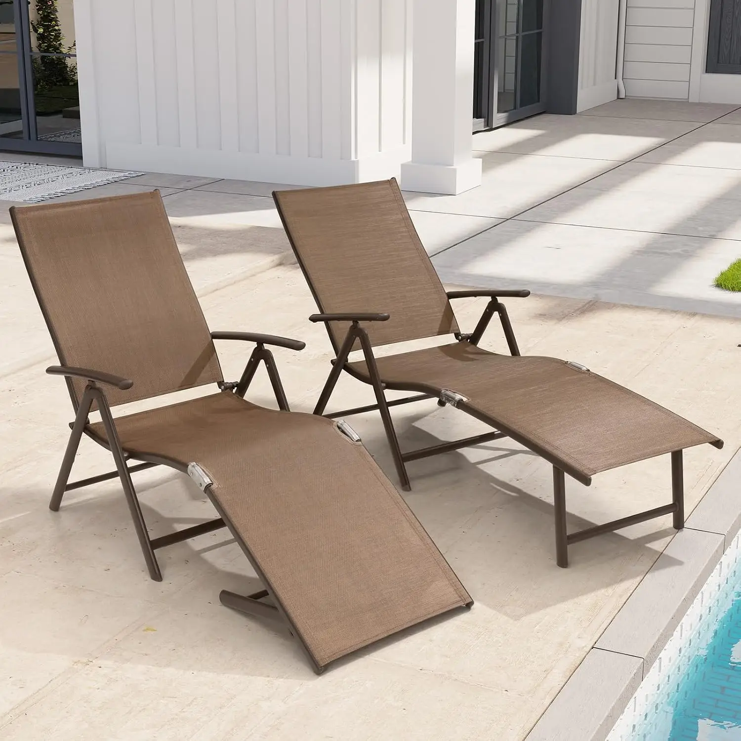 ^Lounge Chair Outdoor, Folding Pool Chaise Chairs Set of 2 (Brown) | Rust-Resistant Aluminum Frame, 8-Position Adjustable