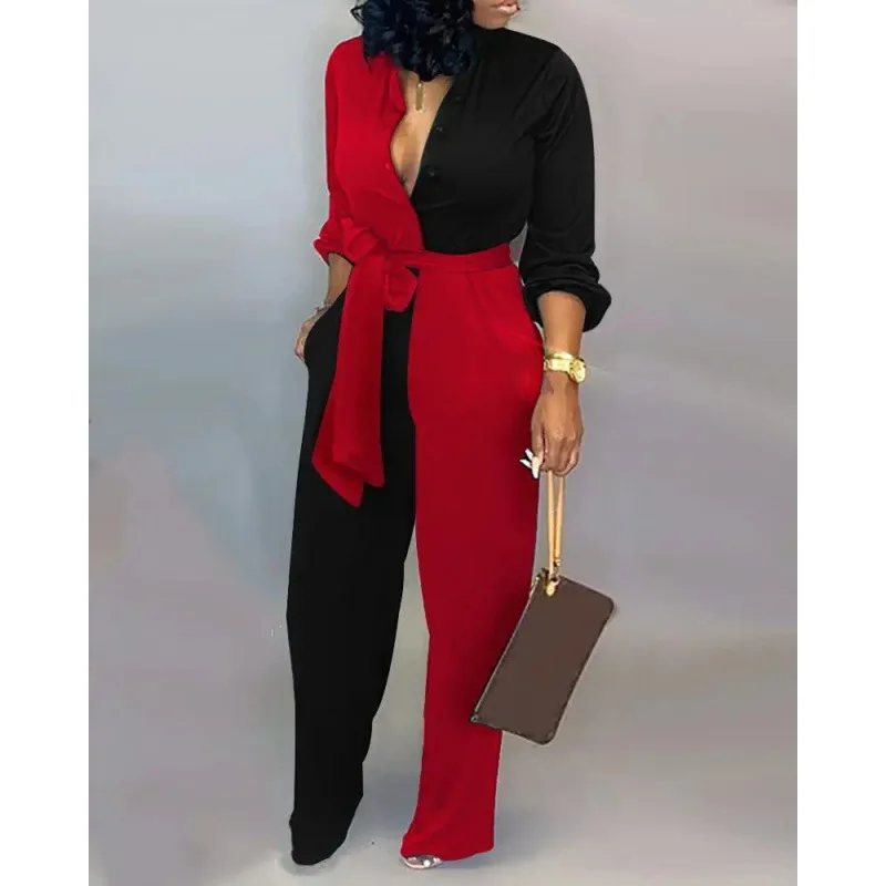 2024 Autumn Casual Women Jumpsuits V-Neck High Waist Belt Long Sleeve Elegant Straight Office Pants Jumpsuit Rompers For Women