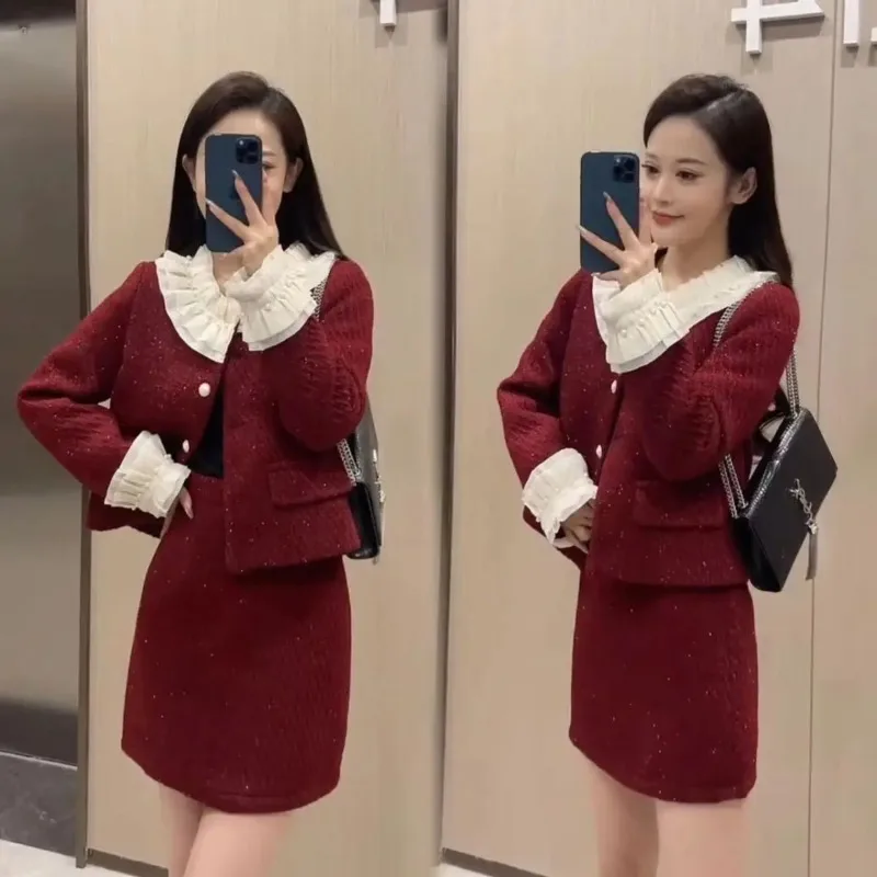 Insozkdg High-end Lady Chic Style Suit Sets Autumn-Winter Outerwear with Doll Collar + Short Skirt Fashionable Wearing Outside