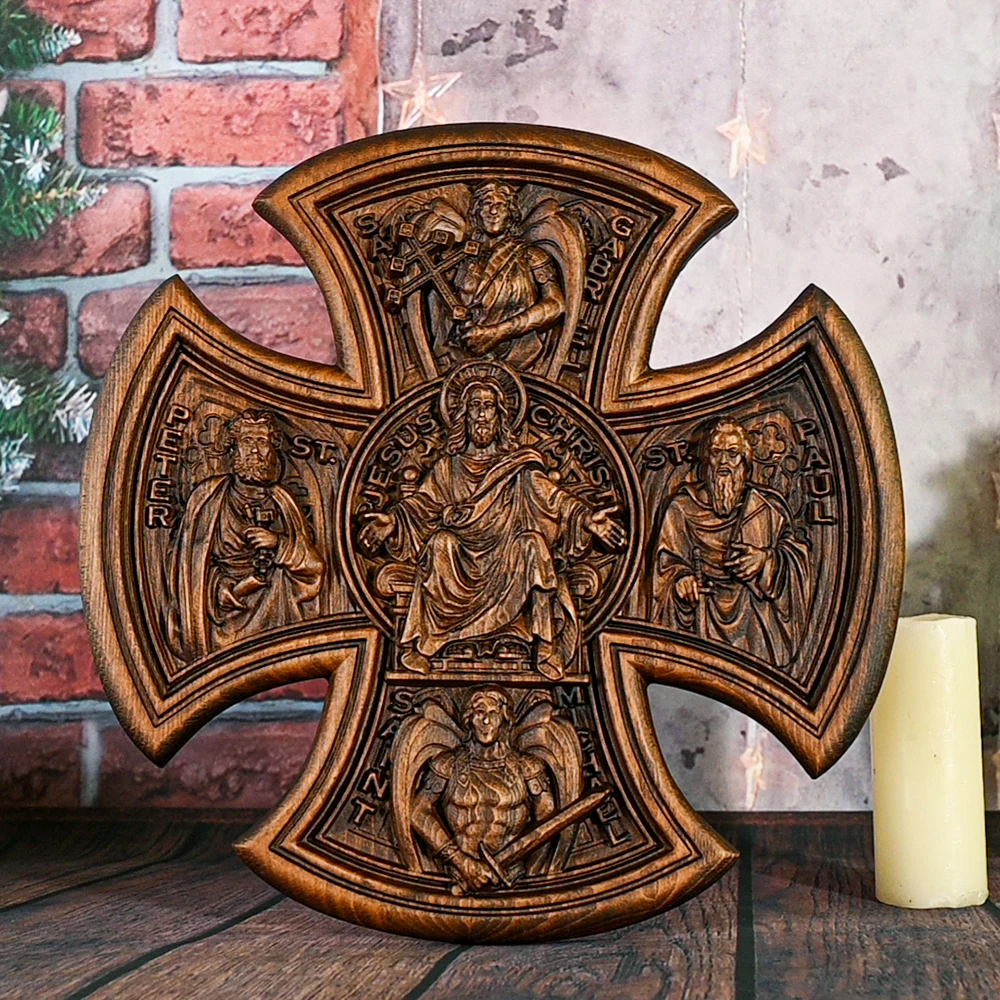 

Trinity Jesus and Mary Wooden Cross Catholic Home and Decorative Art, Wall Hanging Statue, Christ Gift