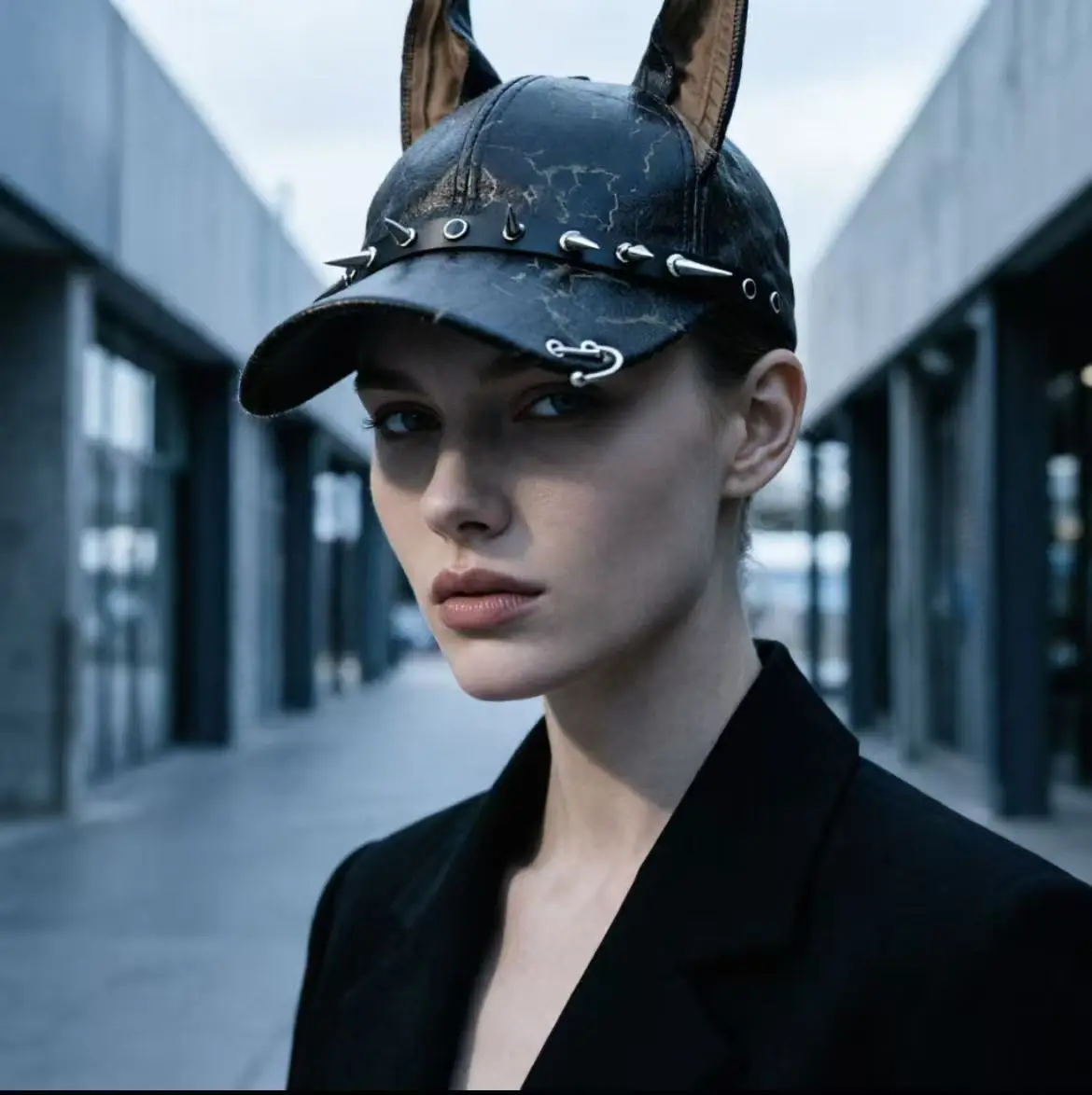 

Y2K Doberman Ears Leather Punk Studded Baseball Cap Unisex Fashion Accessory