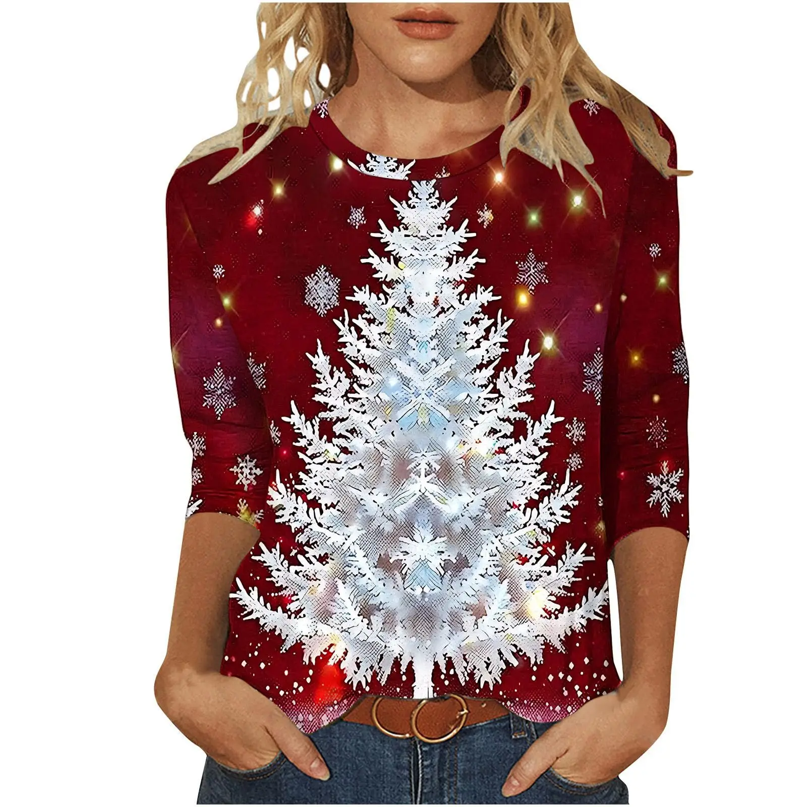 

Женская футболка с длинным рукавом и круглым вырезом с 3D принтом рождественской елки, повседневный топ с длинными рукавами, вечерние свободные женские топы