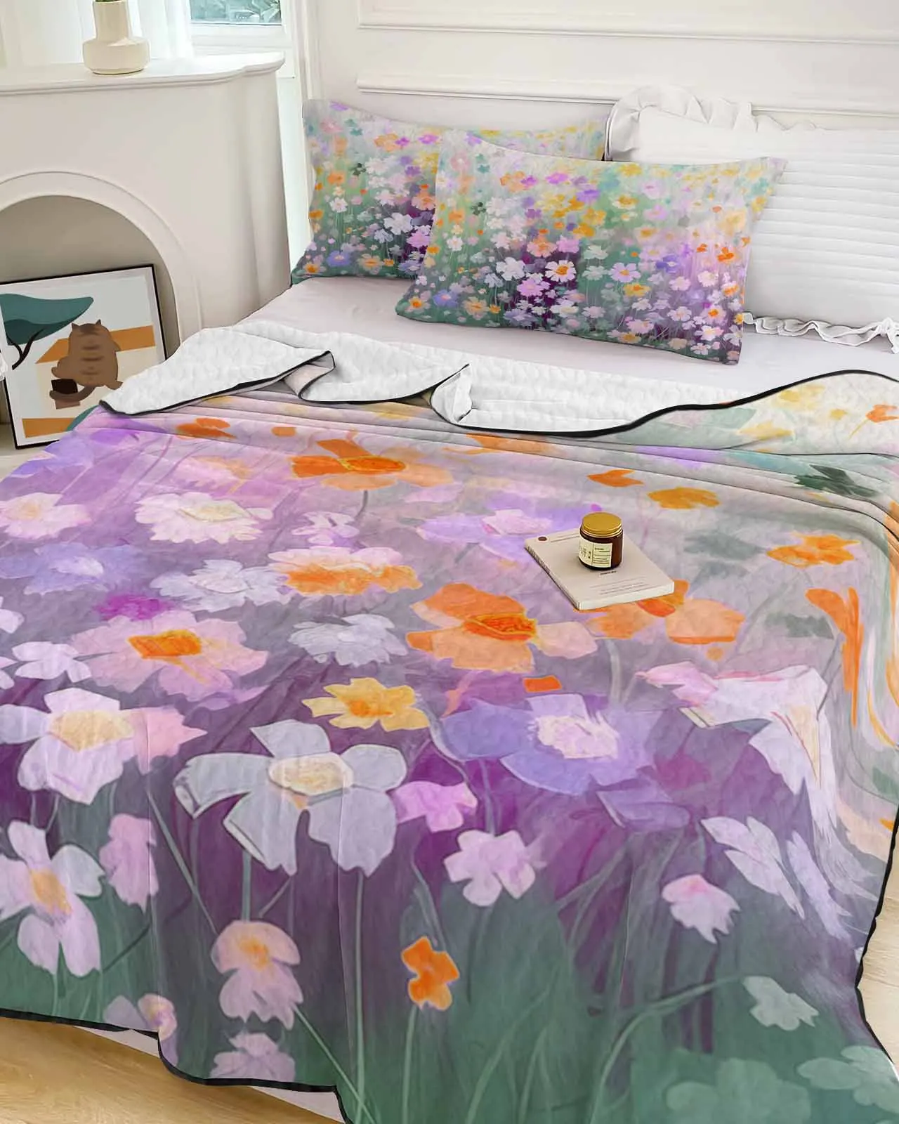 Oil Painting Flowers Chrysanthemums Spring Cooling Blankets Air Condition Comforter Lightweight Summer Quilt for Bed Thin Quilt