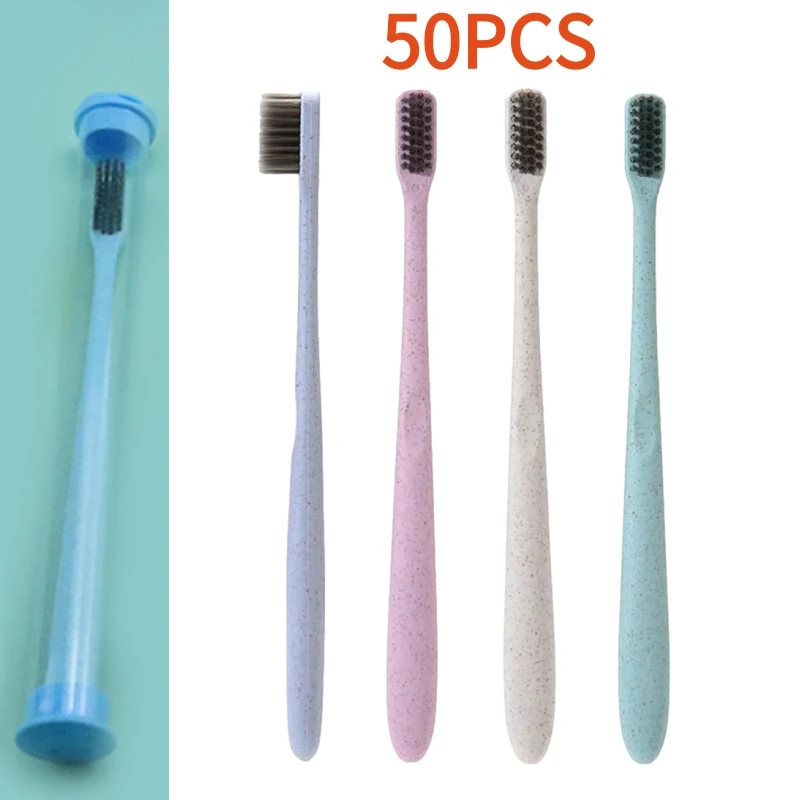 

50 PCS Eco-Friendly Small Head Wheat Straw Toothbrush, Bamboo Charcoal Soft Bristles Toothbrush for Kids and Adults Hotel use