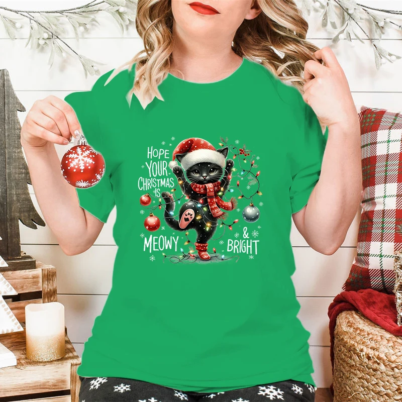 Funny Graphic T-shirt Hope Your Christmas Is Meowy Bright Women Shirt Print Cute Black Cat Short Sleeve Street Style Xmas Tees