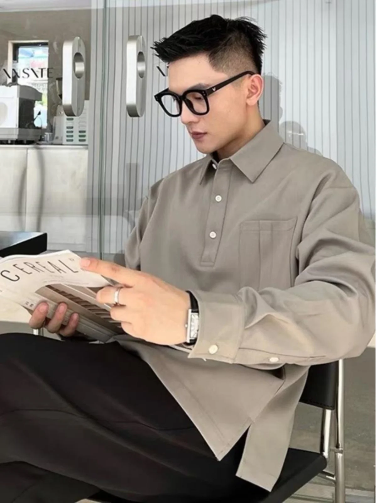 

Свободный мужской свитшот, весна-осень, большой размер 300, американская футболка с лацканами в стиле ретро, однотонная повседневная мода