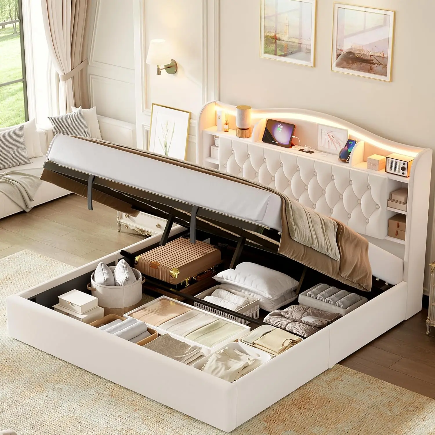 Queen Size Bed Frame Hydraulic Lift up Storage Bed Frame with LED Lights & USB Outlets, Comfort Upholstered, Customized