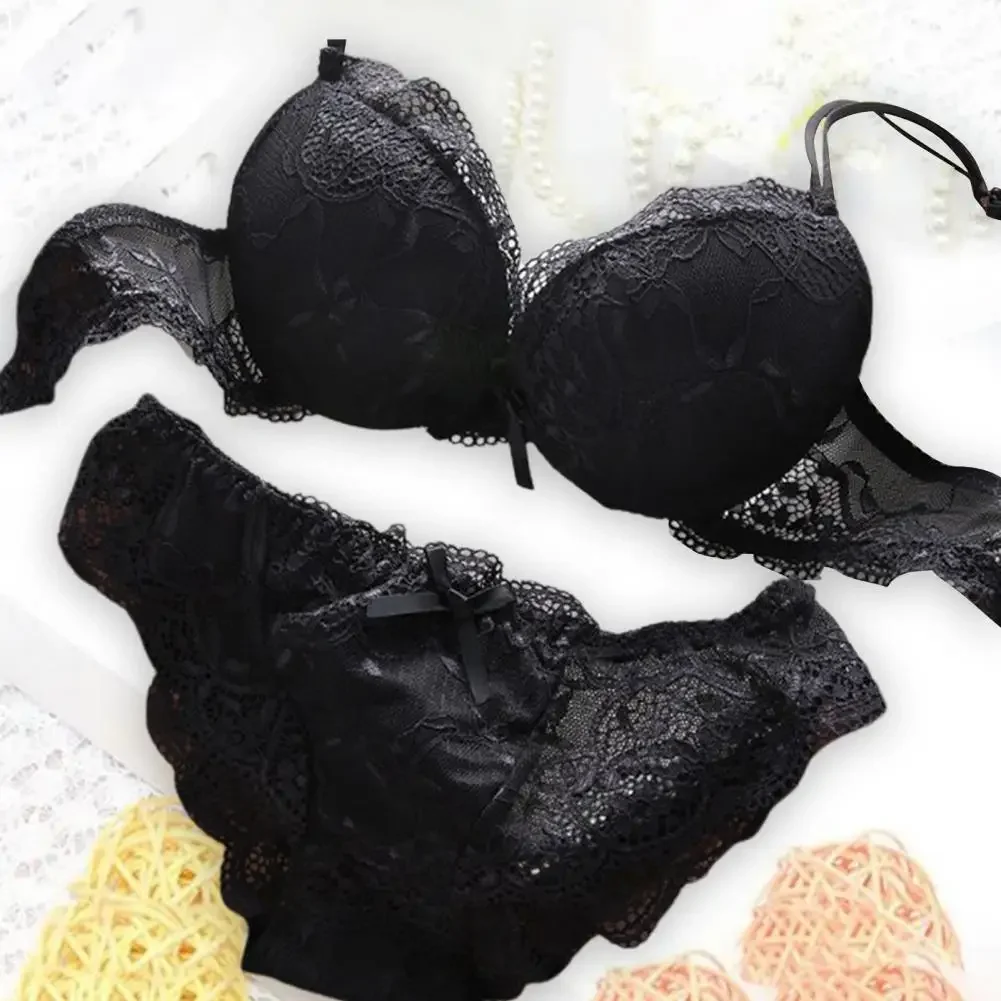 

Women Bra Set Breathable Underwear Set Elegant Lace Bra Panties Set with Push-up Design V Neckline Bow-knot Back for Comfort