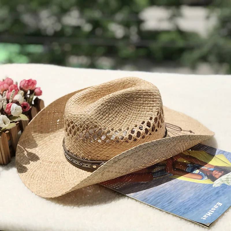 

Hot Sale European And American Western Cowboy Hat Travel Sunshade Sun Protection Hat Raffia Hand-woven Off-the-face-hat