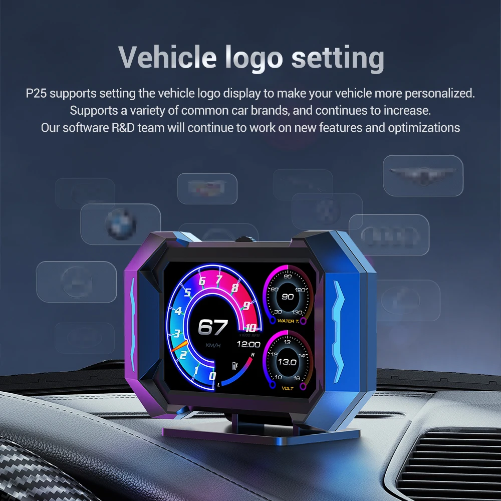 AD OBD + GPS HUD P25 Head Up Display Car Digital Speedometer Water Temp Fuel Consumption Slope Meter Slope Inclination Alarm
