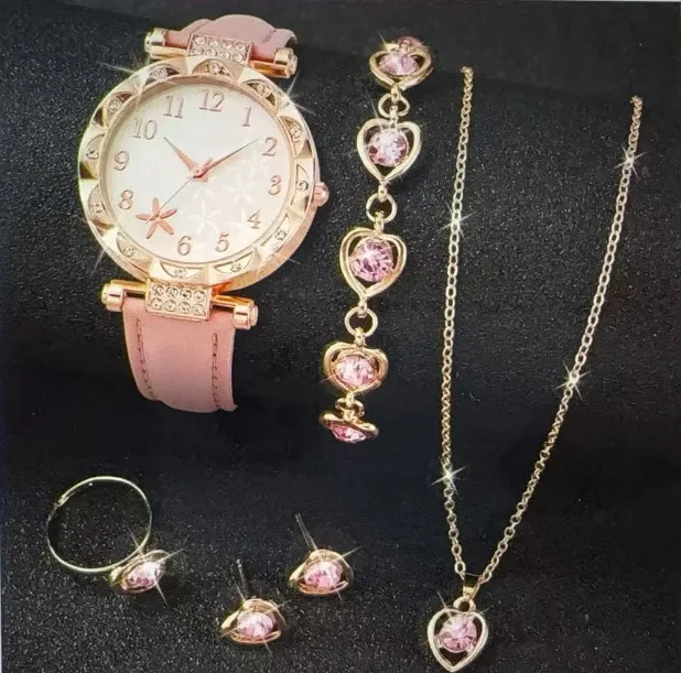 

//@6PCS/Set Fashion Women's Quartz Watch Leather Band Analog Wrist Watches Heart Rhinestone Jewelry Set(Without Box)